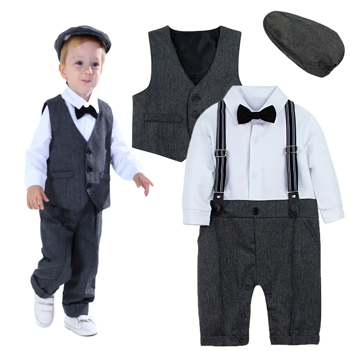Комплект одежды для новорожденных мальчиков; одежда для джентльмена; детские комбинезоны на подтяжках; сезон осень-зима; комбинезон с длинными рукавами; 3 предмета - Цвет: Deep Grey