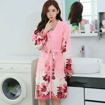 

Female Flannel 2PCS Robe Set Nightgown Sexy Kimono Gown Nightwear Soft Sleepwear Nightdress Loose Home Clothes Intimate Lingerie