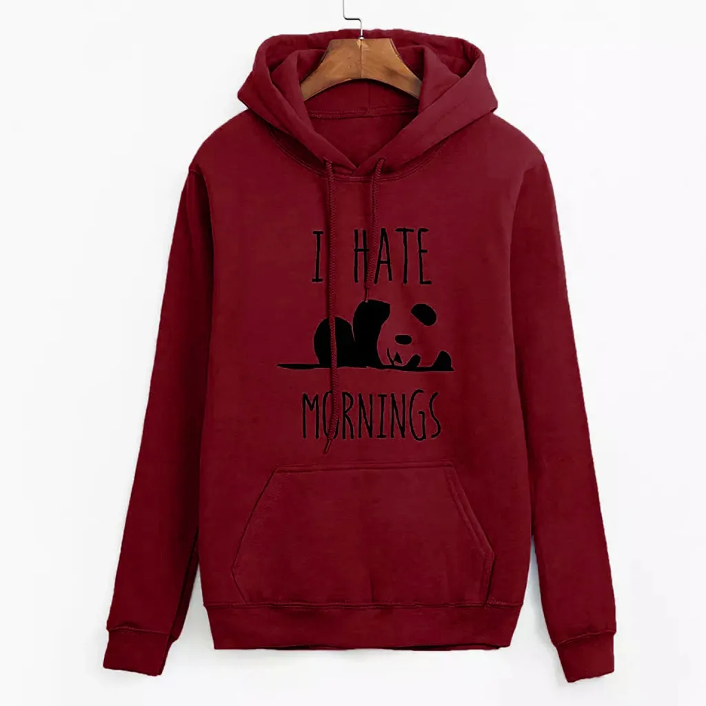 Женские осенние толстовки I Hate Mornings с буквенным принтом, Толстовка С Карманами, Женский пуловер с пандой, модная женская блузка