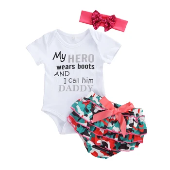 

2020 Toddler Infant Newborn Baby Girl Clothes Set Summer Short Sleeve Letter Daddy Bodysuit Ruffle Camo Shorts Outfits 0-18M