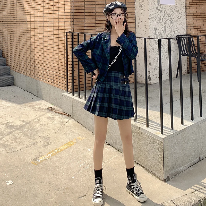 Новые клетчатые юбки для женщин, свободные юбки с высокой талией Harajuku, плиссированные юбки с цепочкой, хлопковые школьные юбки для девочек, модная женская юбка