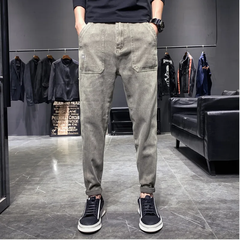 Autumn And Winter New Korean Version Of The Small Harlan Fashion Casual Solid Color Loose Jeans Men's Army Green 28-36
