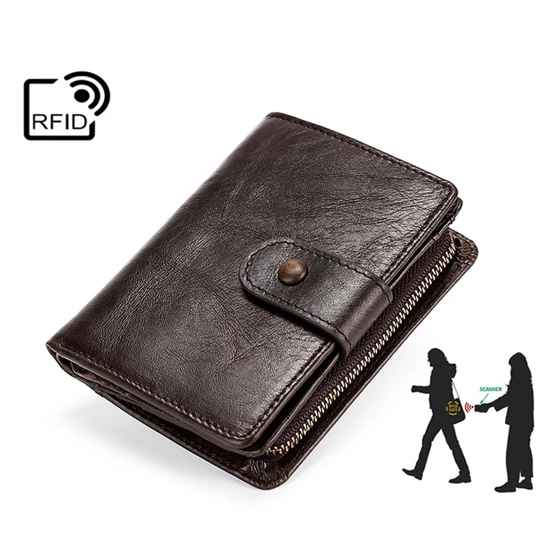 Для мужчин бумажник RFID подлинные кожаные кошельки для женщин портмоне клатч из искусственной кожи открытой молнией и маленькими ретро короткий кошелек Кредитная держатель для карт