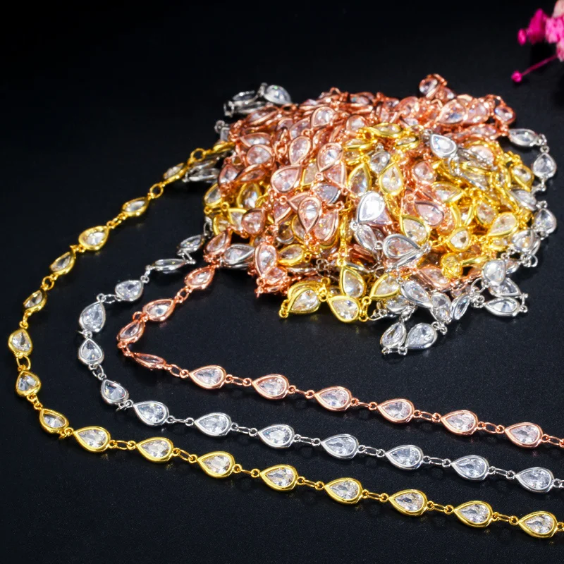 CWWZircons 1 Meter Gold Color Handmade Cubic Zirconia Bead Necklace Anklet Bracelet Link Chain for DIY Jewelry Findings D002