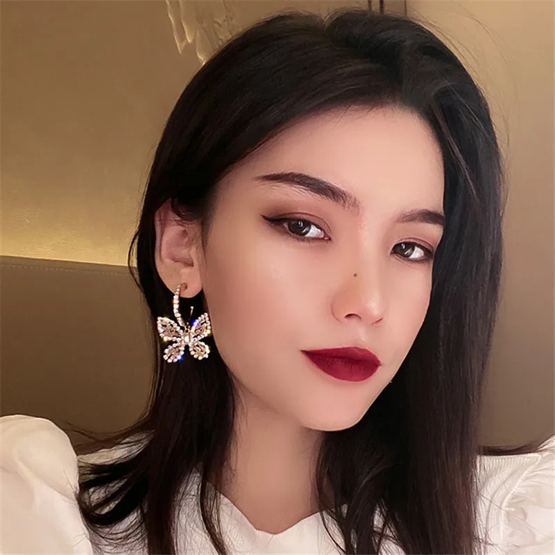 FYUAN New Style Golden Butterfly Zircon Crystal Dangle Earrings for Women Blue Rhinestone Weddings Party Jewelry Accessories