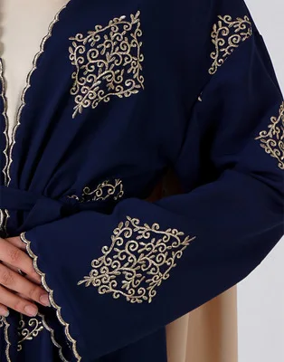 Abaya Дубай открытое синее кимоно золотая линия Цветочная вышивка полное пальто кардиган мусульманский женский халат Длинные платья Исламская одежда