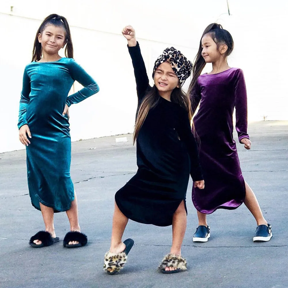 CYSINCOS/модное однотонное детское платье принцессы; замшевое длинное платье для девочек; сезон весна-зима; детское платье с разрезом и длинными рукавами для девочек