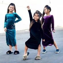 CYSINCOS/модное однотонное детское платье принцессы; замшевое длинное платье для девочек; сезон весна-зима; детское платье с разрезом и длинными рукавами для девочек