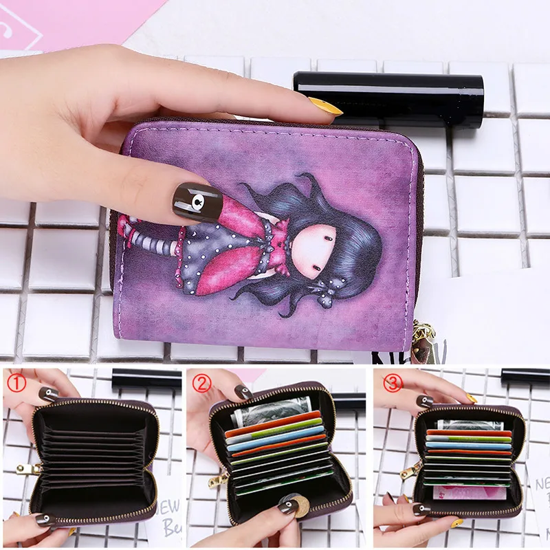 Tarjetero de piel sintética para mujer, Cartera de 9 Bits/10 Bits + 2 posiciones grandes con cremallera, Tarjetero con personajes bonitos