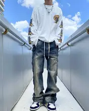 

Gothic jeans men straight trousers autumn 2021 new American fashion retro high street hip-hop style loose breasted pants trend