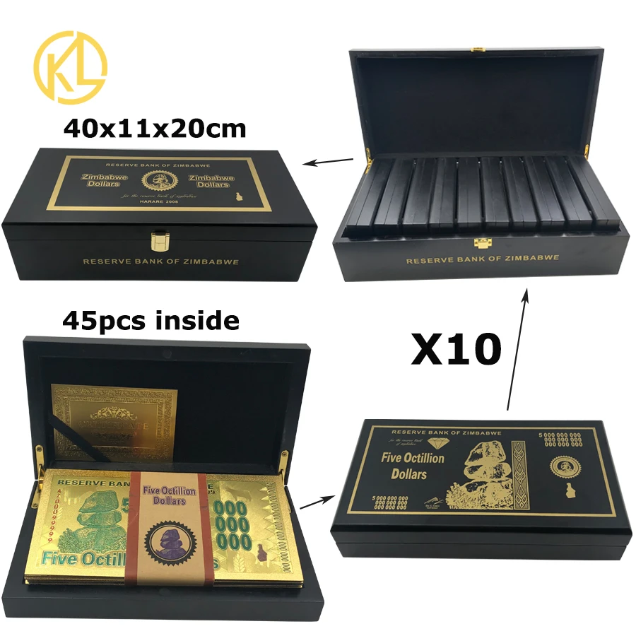 5Octillion-450PCS Сто кинтиллион, Zimbabwe вийский доллар, 24K золото, Банкнота с УФ-светом, водяная Марка в деревянной коробке для коллекции - Цвет: 5Octillion-450PCS