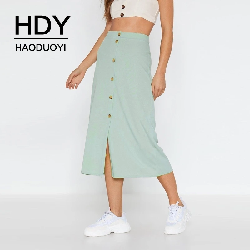 HDY Haoduoyi Новая мода Женская повседневная одежда однотонные брюки с высокой талией с разрезами на кнопках, сатиновая Пышная юбка Юбка-миди