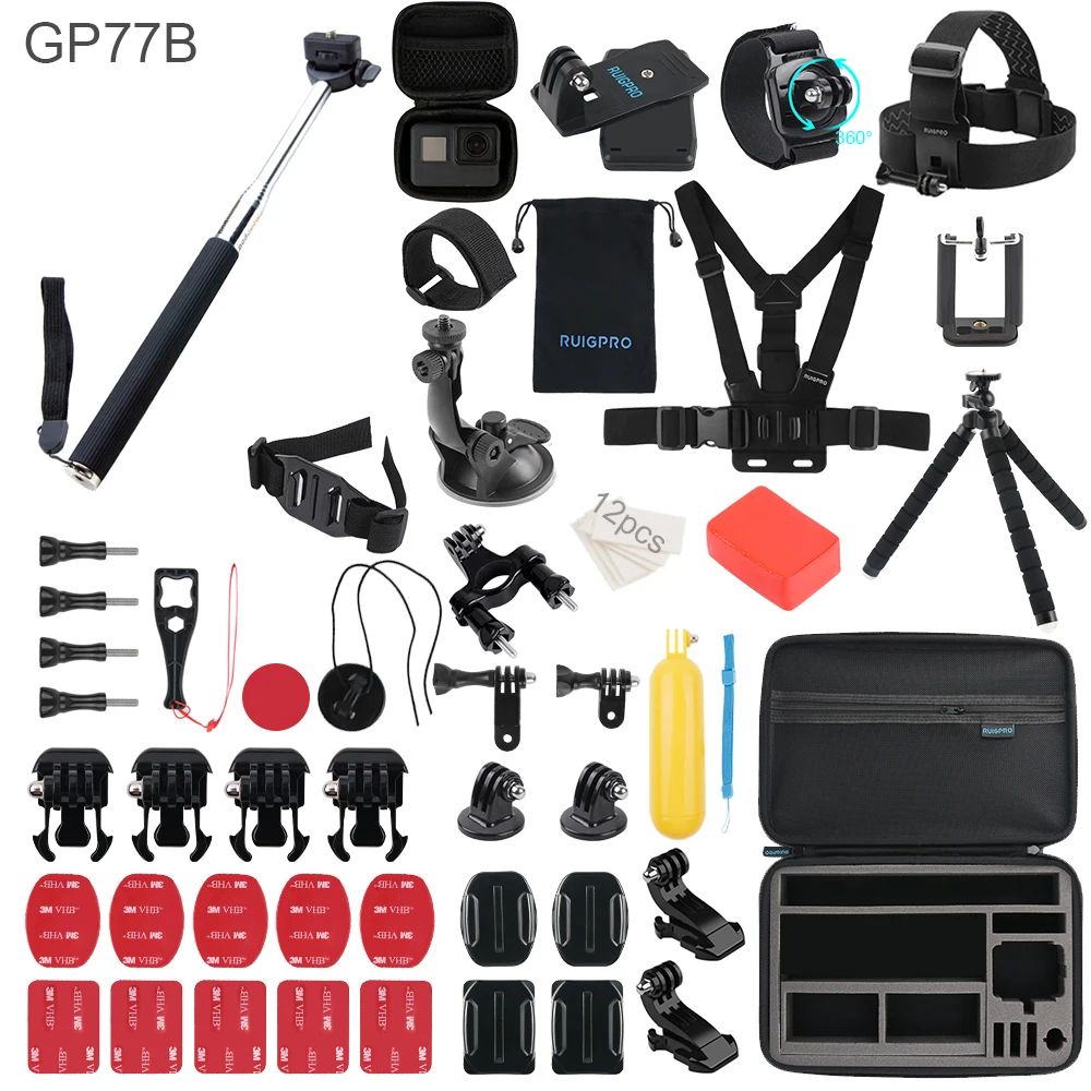 GP77B Для Gopro набор аксессуаров для go pro hero 8 7 6 5 4 3 комплект 3 способ селфи нагрудный ремень на голову палка для Eken h8r xiaomi yi EVA чехол - Цвет: GP77B