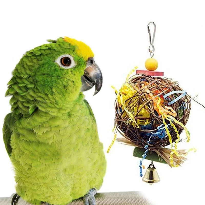 Parrot Shredder Paper Toys Hanging Rattan Ball Bird Bite Chewing Toy with Bells for Budgie Cockatiel Cage Accessories
