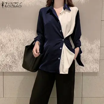 

2020 Spring Women Tops Blouses ZANZEA Office Lady Work Shirts Buttons Down Patchwork Color Chemise Lapel Neck Blusas Plus Size