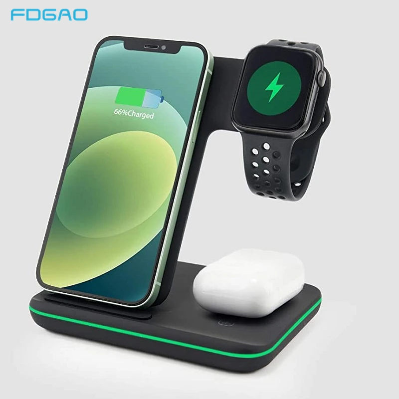 FDGAO 3 in 1 Qi Wireless Charger Dock Station For iPhone 12 11 XS XR X 8 iWatch SE 6 5 4 3 2 Airpods Pro 15W Fast Charging Stand iphone wireless charger