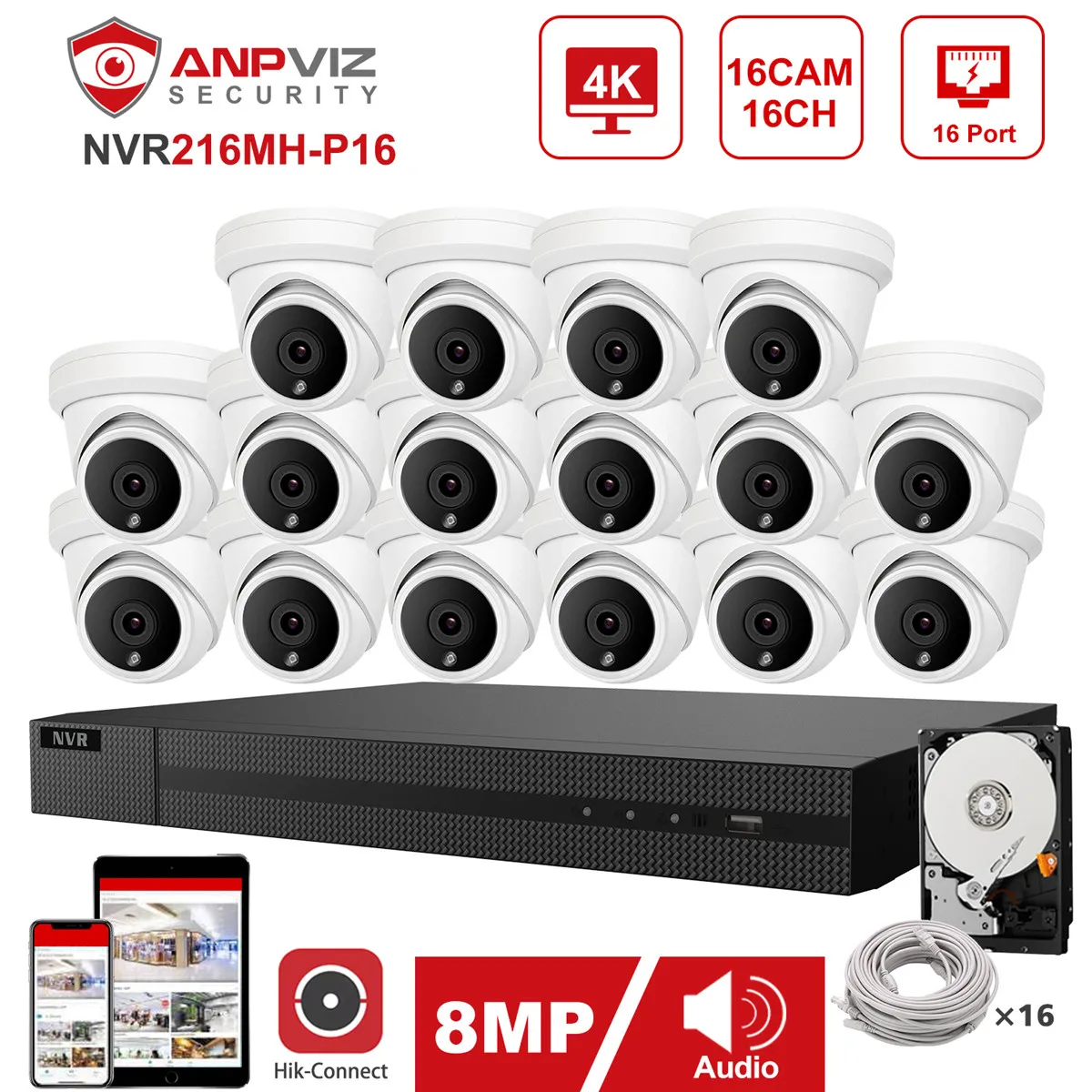 Hikvision OEM 16CH 4K NVR Anpviz 8MP POE IP камера система для внутреннего/наружного использования