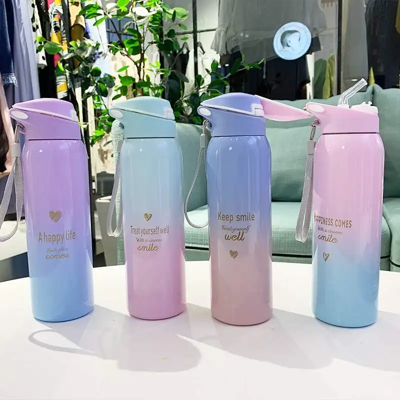 

Bpa-Free 480ml Insulated vacuum Flasks Travel Sports Bike Thermals Straw Cup Portable Rope Thermos Straw Water Bottle Coffee Mug