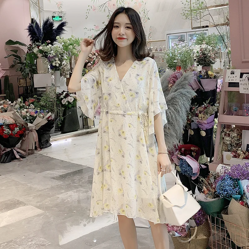 

2019 Maternity Clothes Summer Wear Online Celebrity-Pregnant Women Dress Fairy Immortal Summer Skirt Floral-Print Chiffon Platyc