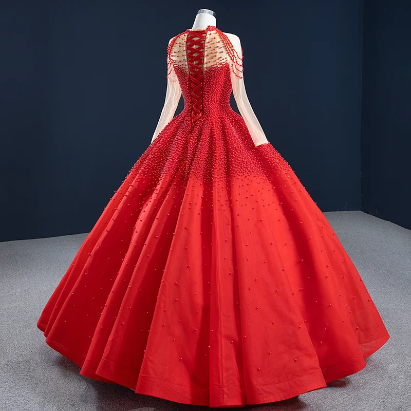 RSM67198 Red Elegant Transparent Lace Long Sleeve High Neck Party Evening Dress 2021 Beading Lace-Up Design Banquet Skirt 3