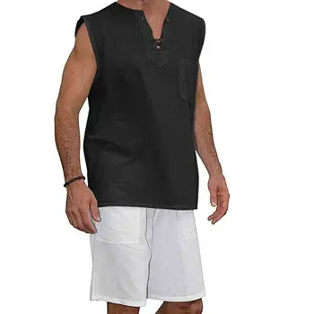 

3 Colors Fashion Mens Summer Linen Sleeveless Shirts Male Casual Breathable Soft V Neck Tops Shirts Beach Holiday Outfits