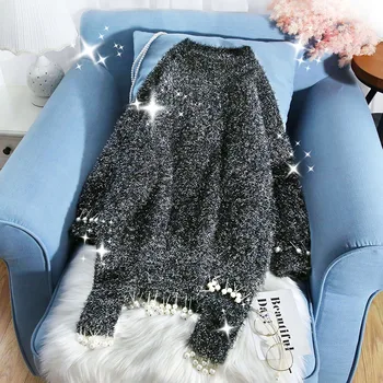 

stylish women sweater and pullovers beaded long irregular casual lady elegant black knitted thicken warm pulls outwear tops