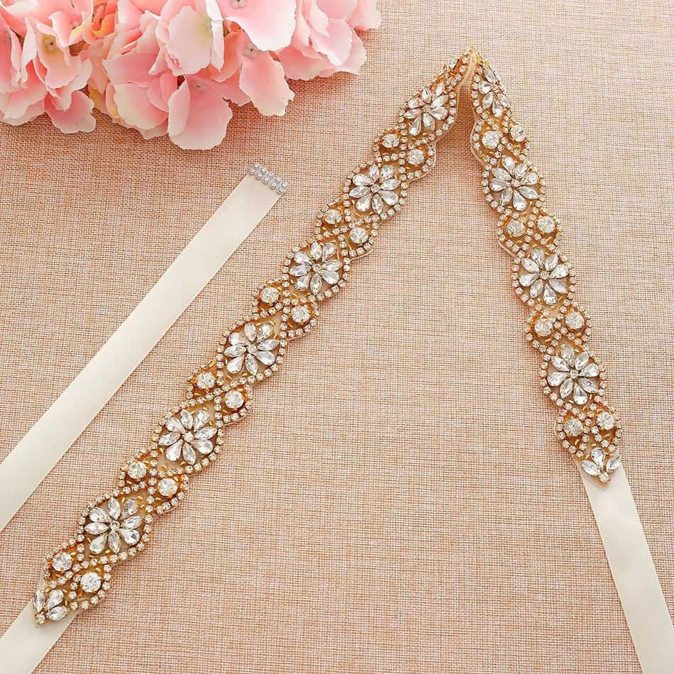 Mecresh Gold Color Flower Wedding Dress Belt Sash Bridal Geometric Rhinestone Crystal Ivory Pink Black Belt for Women MYD037