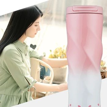 

New 500Ml Coffee Insulation Cup Stainless Steel Spiral Vacuum Flask Portable Gradient Travel Thermal Mug Pink