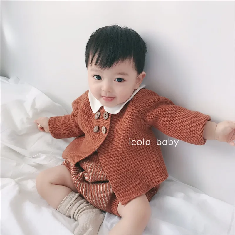 Зимние комплекты одежды для маленьких мальчиков корейские повседневные Стильные Свитера и шаровары для маленьких девочек Детская осенняя одежда верхняя одежда для младенцев