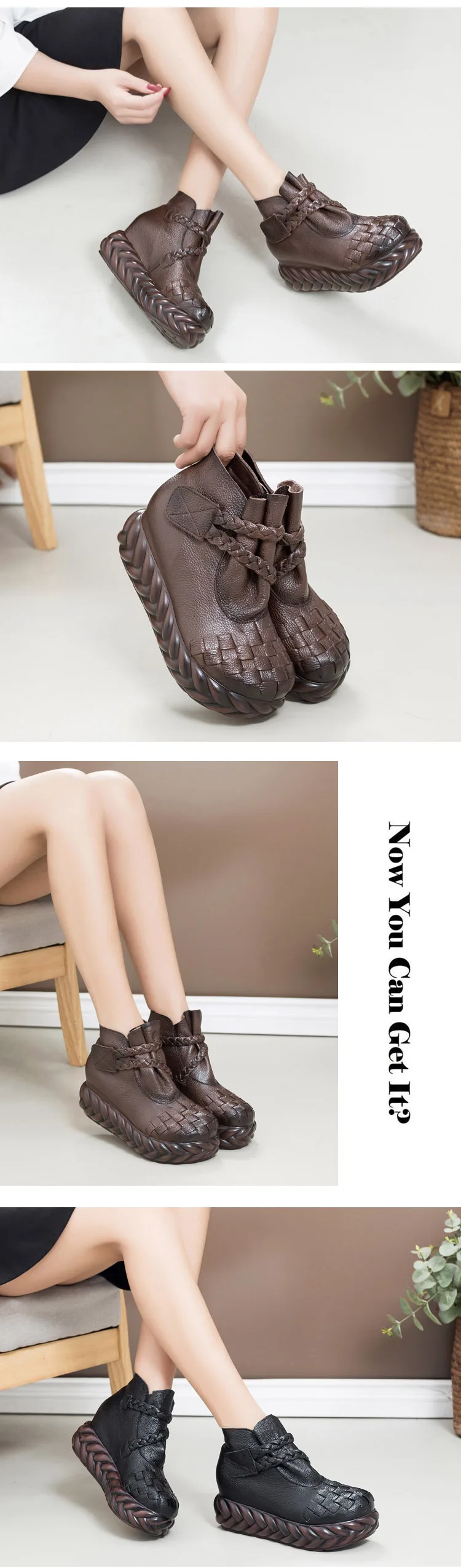 Women Leather Boots Wedge Heels High Shoes Women Black Ankle Boots Genuine Leather Retro Shoes Autumn Handmade Martin Boots Sale