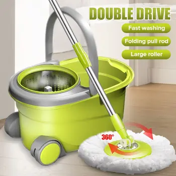 

Floor Cleaning Rotating Hand Wash Squeeze Bucket 2 Fiber Heads Set Easy wring Stainless Steel Basket Microfiber Spin Mop&Bucket