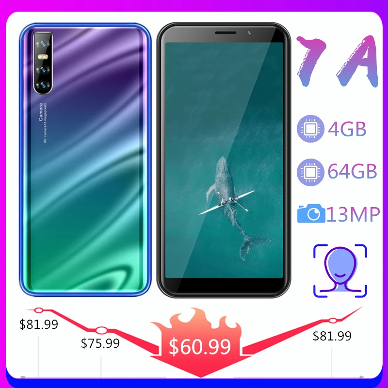 Смартфоны 7A 6 0 дюйма 4 Гб ОЗУ 64 ПЗУ камера 13 МП Android распознавание лица