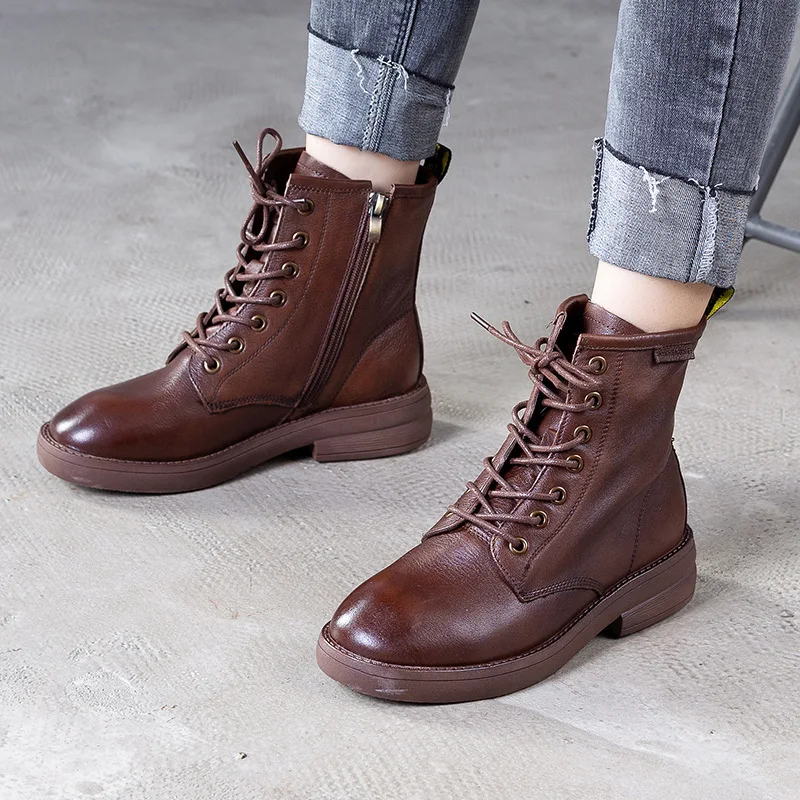 

Artdiya Original Genuine Leather Women's Boots Handmade Martin Boots Flat Heels Round Toe Simple Ankle Boots