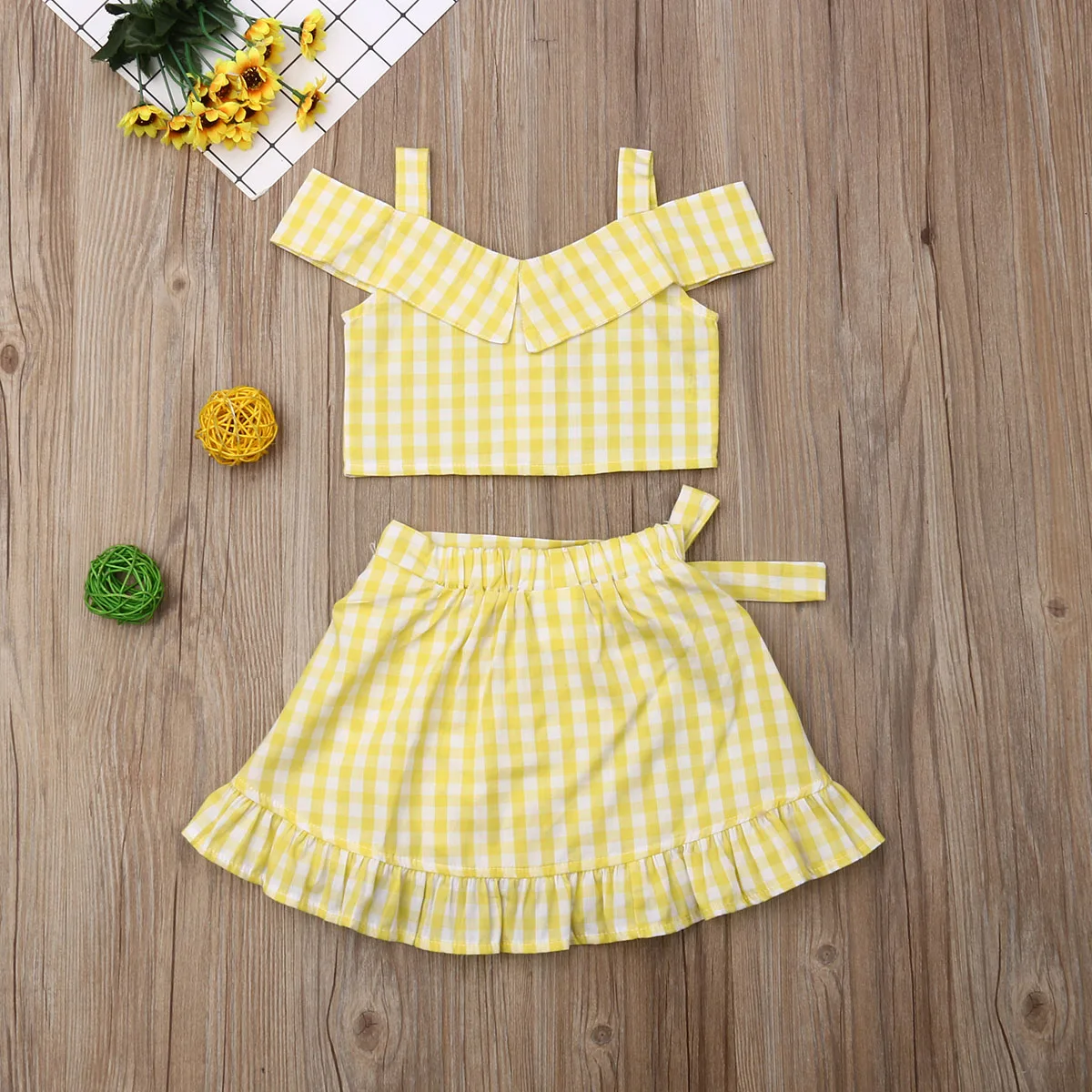 Emmaaby/Летняя одежда для маленьких девочек; клетчатые топы на бретелях; мини-юбка с рюшами; летняя одежда из 2 предметов
