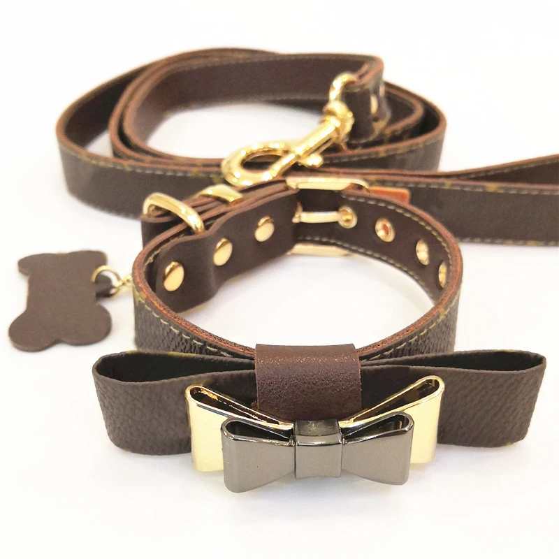 Ошейник поводок набор для маленьких собак кожаное ожерелье для чихуахуа Французский бульдог щенок дропшиппинг LC0193 - Цвет: Brown With Bow Tie