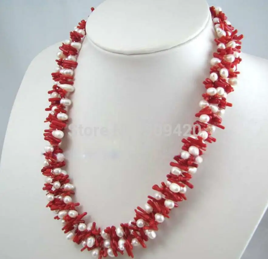 Бесплатная доставка ожерелье из 3 нитей красные коралловые палочки чип бусины