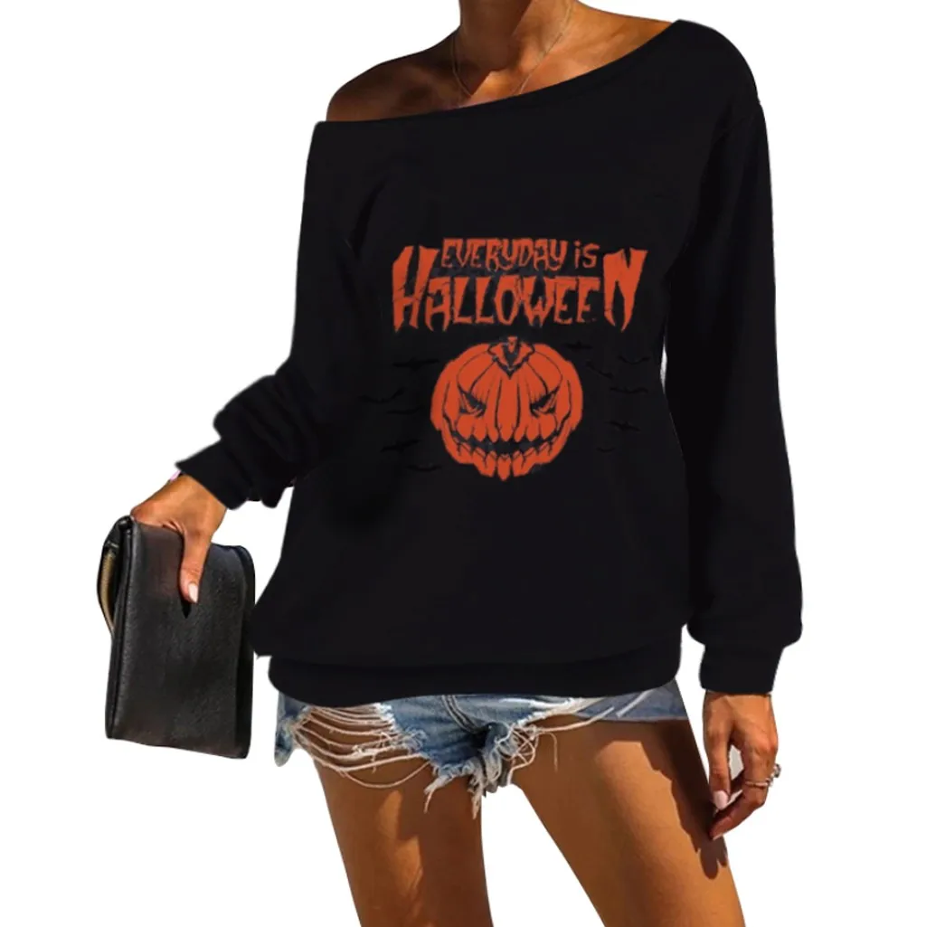 

Women Sweatshirt Women Fall Vintage Black Halloween Gothic Punk Pumpkin Letter Printed Skew Collar Plus Size Sudadera Mujer