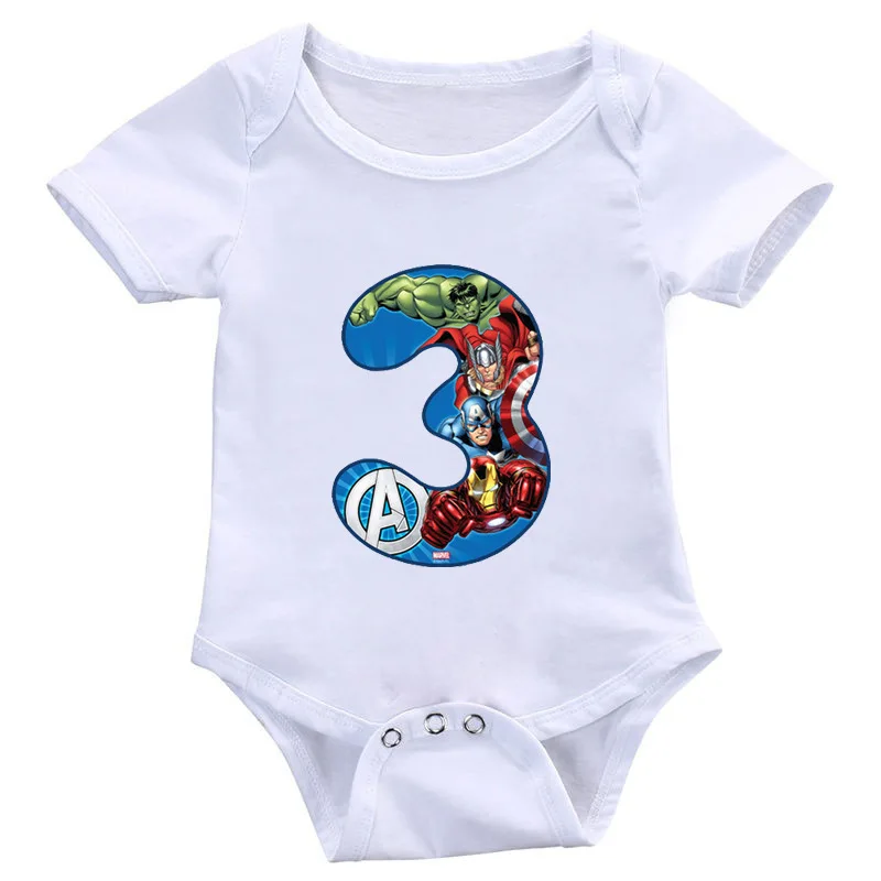 Baby Summer Rompers Marvel Avenger The Hulk Iron Man Number 1-9 Print Boy Rompers Infant Jumpsuit Girls Ropa Bebe Playsuit White