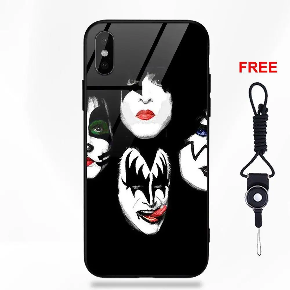 Рисунок мягкий ТПУ чехол+ закаленное стекло чехол для телефона Apple IPhone X XS Max XR 5 5C 5S SE 6 6S 7 8 Plus Kiss тяжелый Логотип рок-группы
