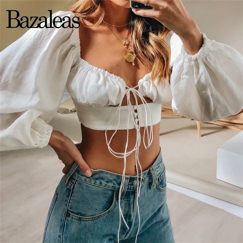 Bazaleas винтажные с длинным рукавом укороченные для женщин blusas белые вырезом mujer de