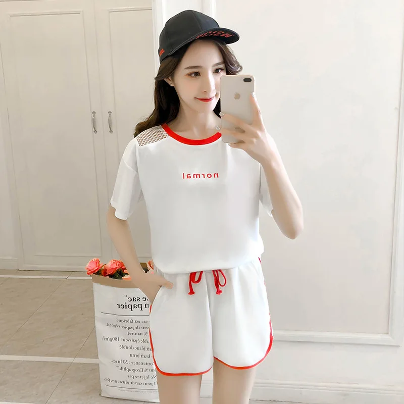 

2019 Spring And Summer Korean-style Lettered Printed Short Sleeve T-shirt Casual Sports WOMEN'S Suit Loose-Fit High-waisted Shor