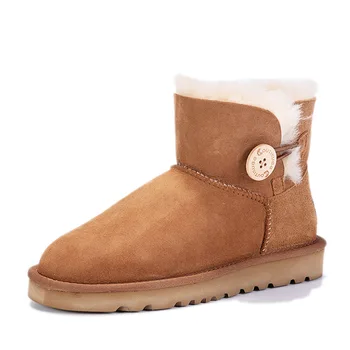 

2020 Snow Boots Real Fur Waterproof Sheep Fur Snow Boots Button Winter Boots Women Flat Shoes Shearling Shaft Ankle Snow Boots