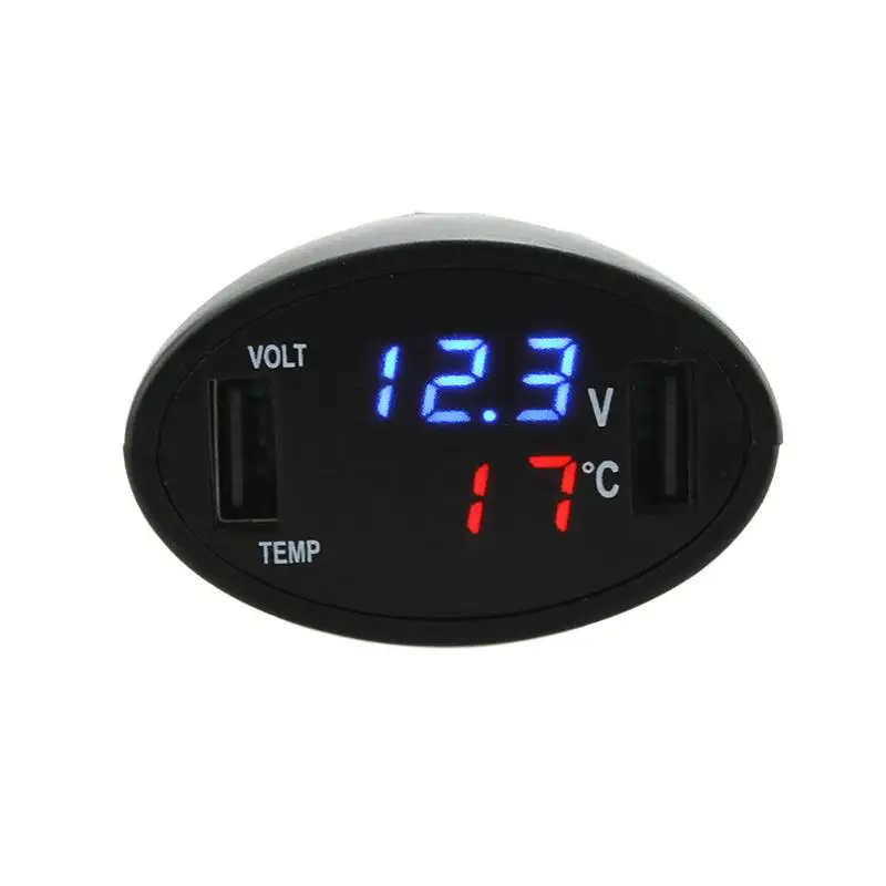 3in1 12V/24V Temperature Meter Voltage Gauge Cigarette Lighter Accessory Digital LED Car Voltmeter Thermometer Auto USB Charger