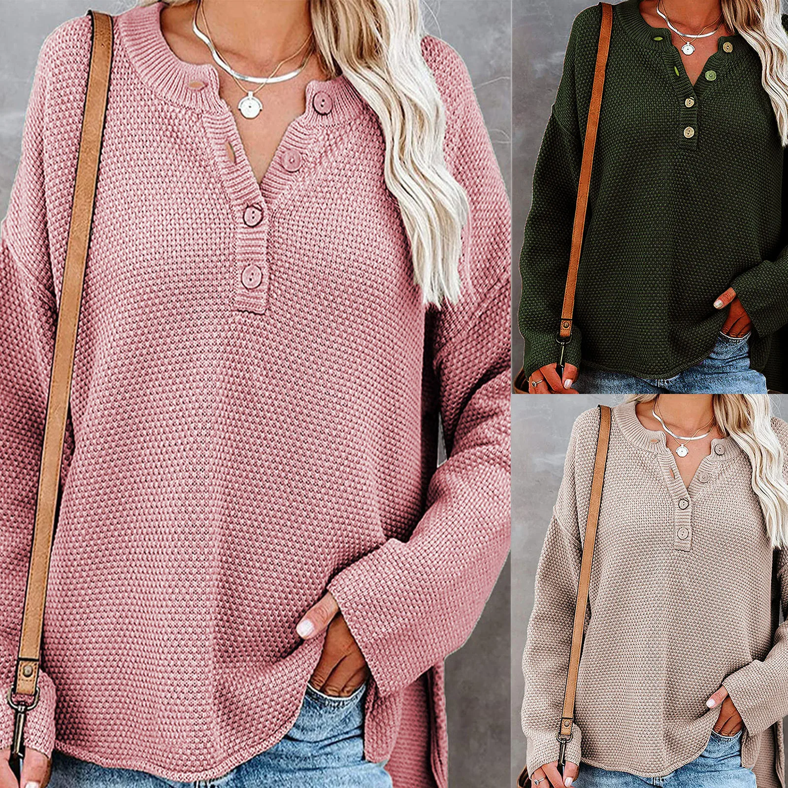 Women's Sweater 2021 Batwing Sleeve Long Sleeve V Neck Button Knit Casual Jumper Tops Traf Свитер Женский Pull Femme Tangada 1