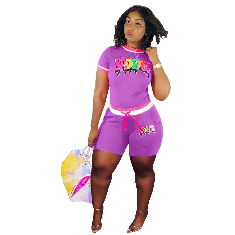 Новинка, Женский костюм с буквенным принтом и блестками, с круглым вырезом, с коротким рукавом, футболка, топ выше колена, штаны, комплект из двух предметов, спортивный костюм T3325H - Цвет: Фиолетовый