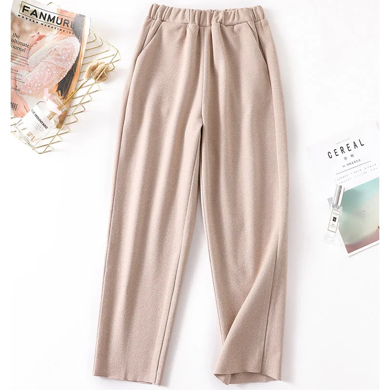 Beige khaki Новые осенние женские эластичные шерстяные брюки женские Женские повседневные клетчатые брюки шаровары женские зимние шерстяные брюки длиной до щиколотки - Цвет: Beige khaki