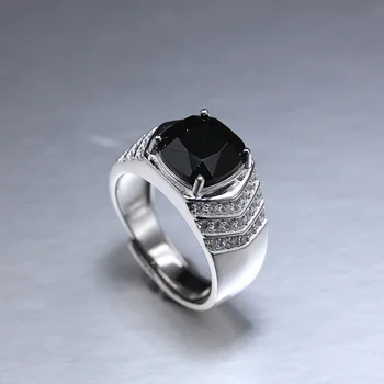

925 Silver Black Onyx Character Zircon Micro-set Black Agate Inlay Men's Ring