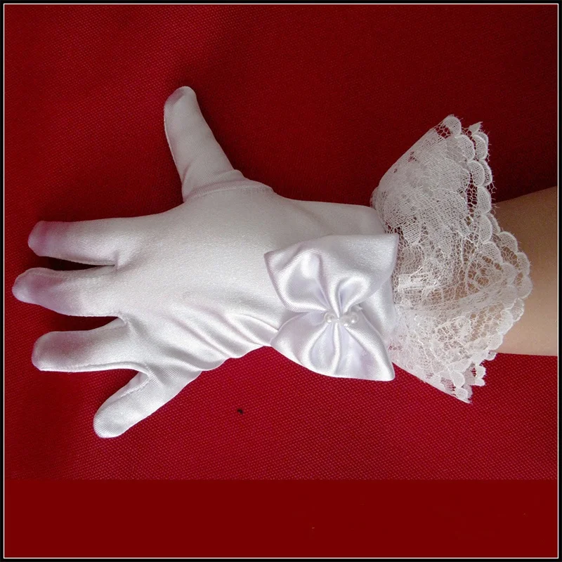 

Girls Romantic Lovely Flower Party Kids Lace Pearl Gloves First Communion White