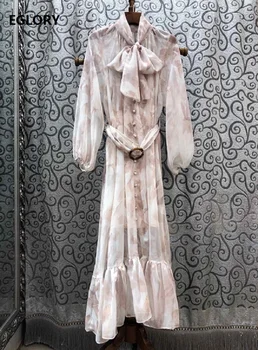 

2020 Spring Fashion Long Dress High Quality Women Bow Collar Elegant Floral Print Tunic Buttons Deco Long Sleeve Maxi Dresses