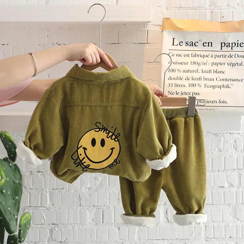baby dress set for girl Korean version of the new autumn and winter boy and girl suit cartoon smiley face corduroy boy baby plus velvet two-piece suit Baby Clothing Set expensive